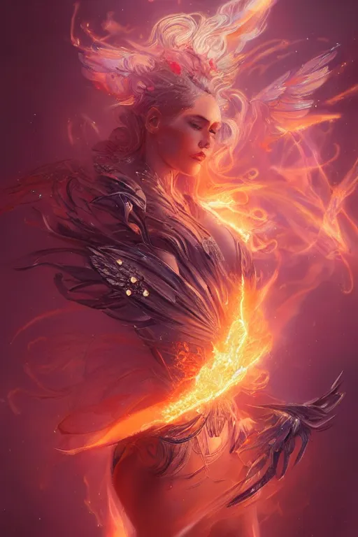 Image similar to torso closeup model wearing exploding fire crystal dress, sorcerer, diamonds, angel, fantasy, dramatic lighting, highly detailed, digital painting, holding electricity, magic the gathering, hyper detailed, 3 d render, hyper realistic detailed portrait, peter mohrbacher, wlop, ruan jia