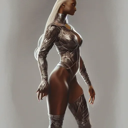 Prompt: full figure ultra realistic illustration, jodie turner - smith as ororo munroe, intricate, elegant, highly detailed, digital painting, artstation, concept art, smooth, sharp focus, illustration, art by artgerm and greg rutkowski and alphonse mucha