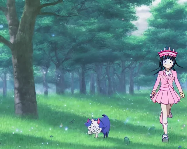 Image similar to Deidoro sakaki from mha wearing preppy fashion style and a crown in a beautiful dewy meadow near a forest early in the morning, running away from a giant cute plushie cat, mid 20th century disney style