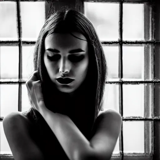 Prompt: black and white fashion photography of a beautiful depressed Woman with detailed face in the heroine chique style standing by the window, natural light, sigma 85mm f/1.4 1/10 sec shutter