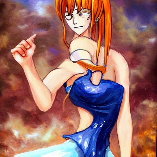 Image similar to beautiful emma watson cosplay as nami from one piece, oil painting, full body.