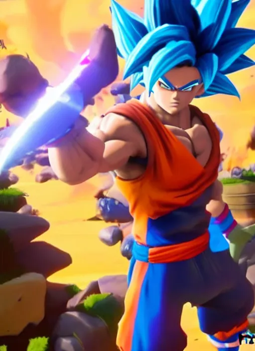 Image similar to game still of a sayan goku as a fortnite skin in fortnite by fortnite, pose.