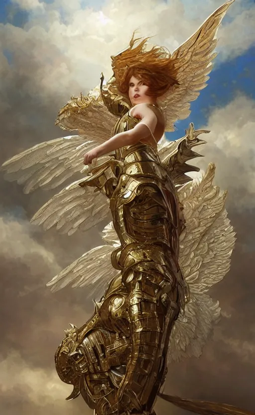 Prompt: A beautiful and fierce angel wearing fancy metallic battle armor and wings among heavenly clouds, intricate, elegant, highly detailed, digital painting, goden hour photography, artstation, concept art, smooth, sharp focus, illustration, art by artgerm and greg rutkowski and alphonse mucha