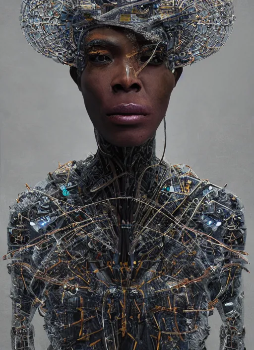 Prompt: portrait of a futuristic african voodoo wizard cyborg, made from million point clouds, in the style of ghost in the shell, kintsugi, modern fine art, fractal, intricate, elegant, highly detailed, digital photography, subsurface scattering, by jheronimus bosch and greg rutkowski,