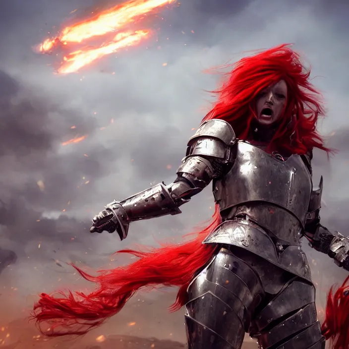 Image similar to a girl with a long red hair wearing a full-body red plate armor screaming in a battlefield, anatomically correct, hyperrealistic, concept art, octane render, unreal engine 5, 8K HDR, highly detailed, high quality, fantasy armor