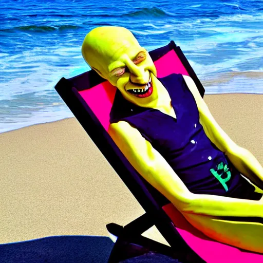 Image similar to nosferatu sunbathing on a beach chair, big smile on his face colorful photograph, beautiful sunny day