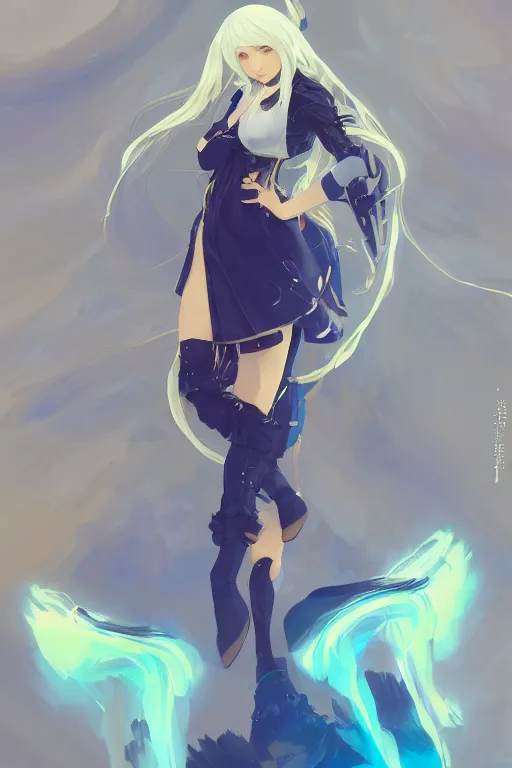 Prompt: a girl character design, full body, wavy white long hair, blue theme and eye - catching yellow assents, s line, 4 5 angel by krenz cushart and mucha and akihito yoshida and greg rutkowski, nier : automata inspired, 4 k resolution