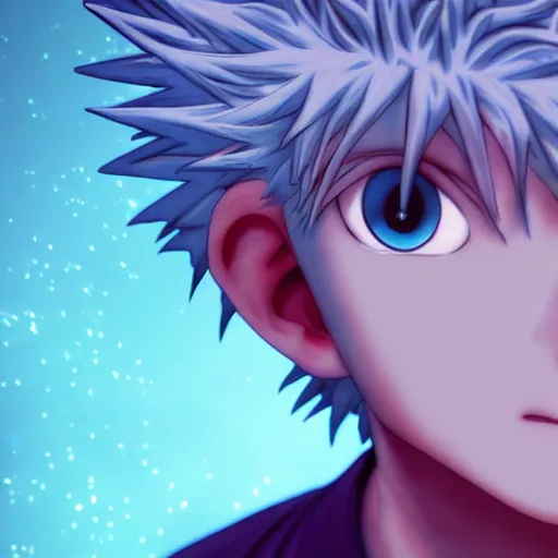 Prompt: masterpiece closeup portrait of Killua from Hunter x Hunter in a surreal dream landscape, cinematic lighting, Michael Whelan, rendered by Beeple