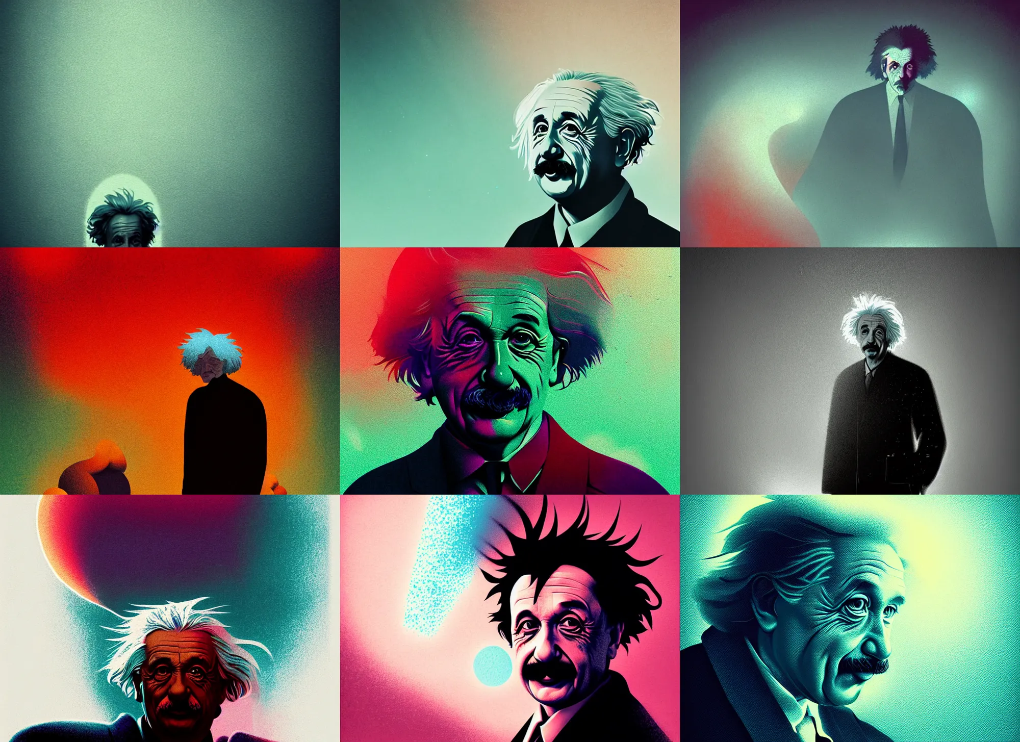 Prompt: portrait albert einstein, colorful, modern art deco, mads berg, karolis strautniekas, christopher balaskas, stippled light, fog, moody, fine texture, editorial illustration, dramatic lighting, dynamic composition, detailed, matte print, dynamic perspective, muted color, anime visual