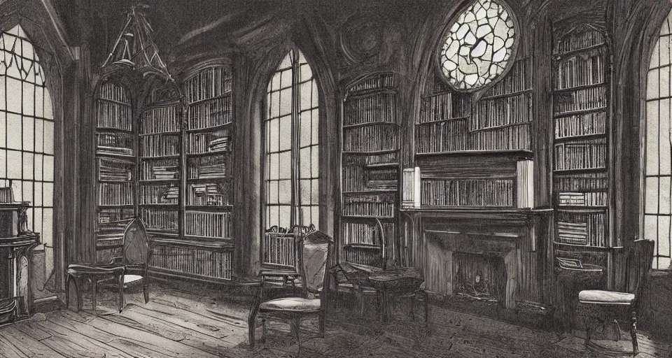 Prompt: Dark victorian hall with two chairs and fireplace. Stained-glass above, bookshelves, artstation, dark blue light