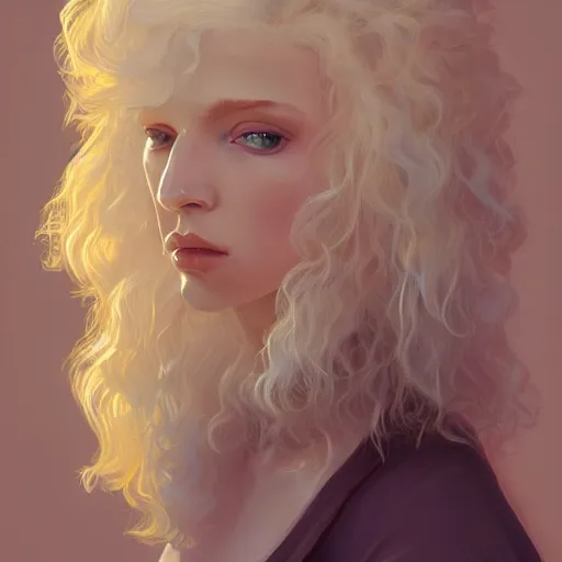 Image similar to prompt portrait of a beautiful androgynous blond man, albino pale white skin and long fluffy curly blond hair, Center parted curtain bangs, close up view, head and upper body, looking upward, fullface, light from above, by Peter Mohrbacher, trending on artstation, 8k