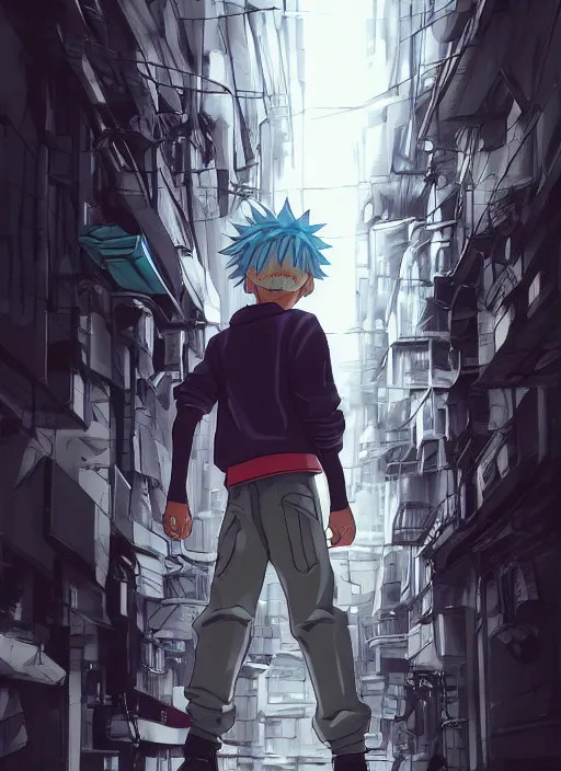 Image similar to Killua walking towards camera, low angle, epic, artstation, cyberpunk, intricate complexity