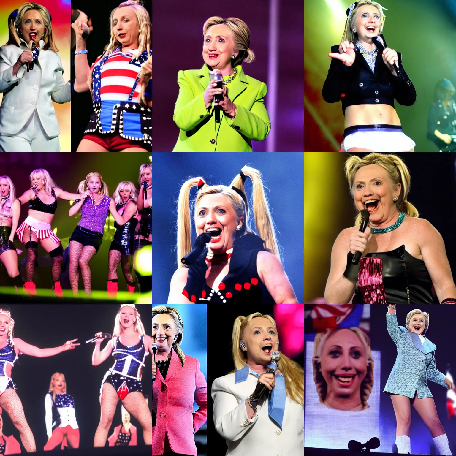 Prompt: hillary clinton in pigtails performing at a britney spears concert