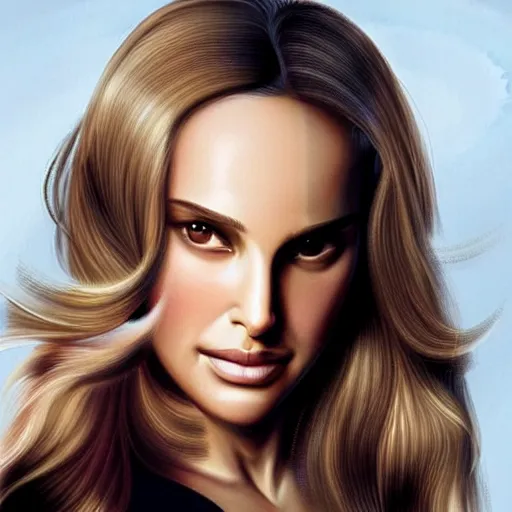 Image similar to “Natalie Portman, beautiful, golden hour, sharp focus, hyperrealistic masterpiece professionally post-processed smooth ultradetailed digital airbrush painting”