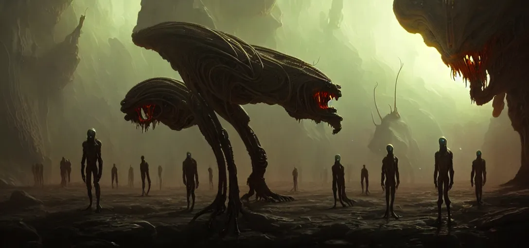 Prompt: hellish translucent alien creatures with realistic human faces and skin on an alien world, artstyle greg rutkowski, very intricate details, high resolution, 4 k