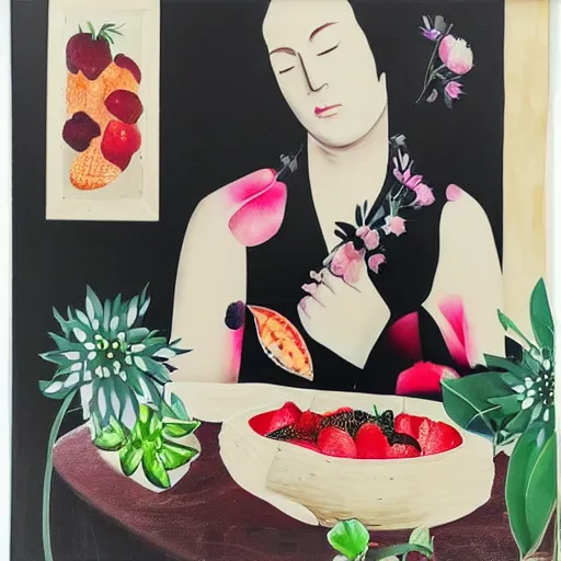 Image similar to “art in an Australian artist’s apartment, portrait of a woman wearing black silk cloth, eating luscious fresh raspberries and strawberries and blueberries, white wax, edible flowers, Japanese pottery, Australian native flannel flowers ikebana, black walls, acrylic and spray paint and oilstick on canvas”