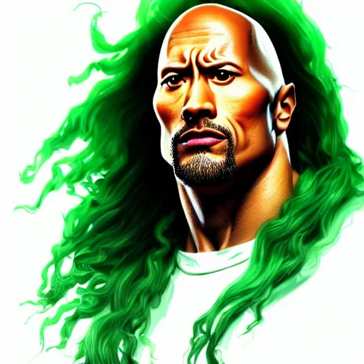 Prompt: portrait of dwayne johnson, long curly green hair, expressive pose, futuristic, highly detailed, digital painting, artstation, concept art, smooth, sharp focus, by quentin tarantino