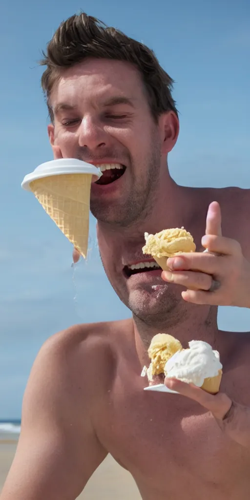 Prompt: a 3 0 year old british man eating ice cream at the beach