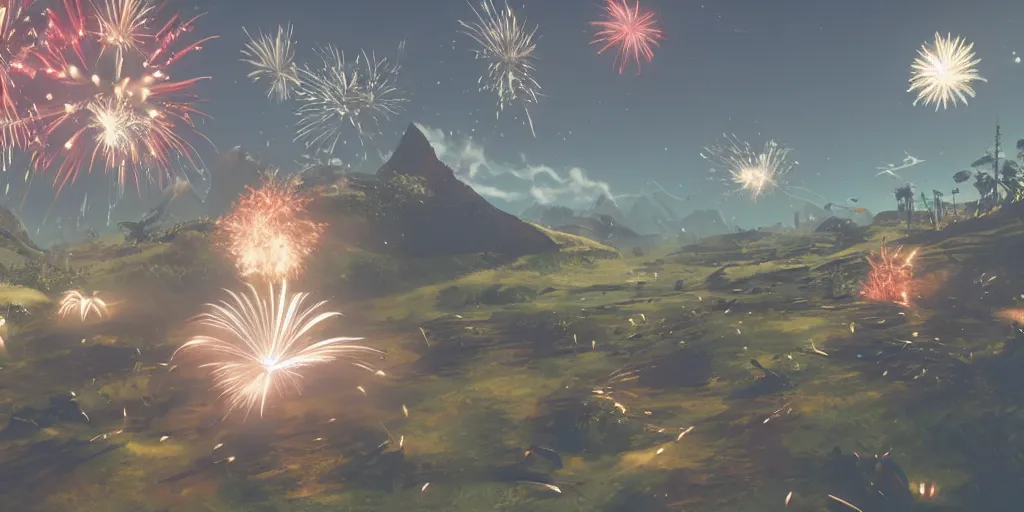 Prompt: shooting fireworks, no mans sky concept art, flying snakes