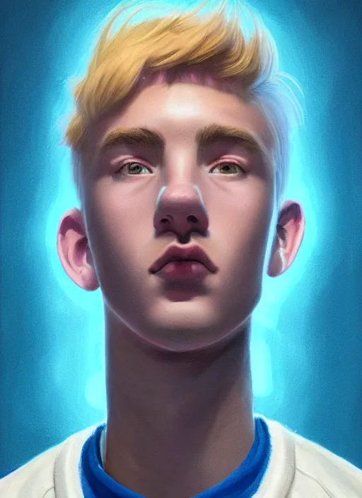 Image similar to portrait of high school senior boy named big moose, blonde short hair, jock, beefy, wide face, square jaw, square facial structure, blue varsity jacket with his name, intricate, elegant, glowing lights, highly detailed, digital painting, artstation, concept art, sharp focus, illustration, art by wlop, mars ravelo and greg rutkowski