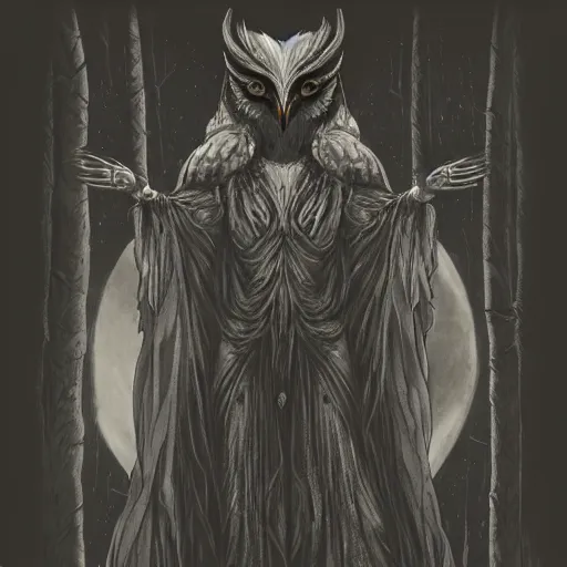 Prompt: goddess of owls, humanoid, hooded, masked, feathered robes, ritual in a forest, devouring, dark, moody, fog, foreboding, lord of the night and moon shadowconcept art