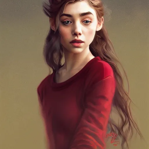 Image similar to a beautiful scenic painting of a beautiful young girl that looks like imogen poots by artgerm and wlop and wes anderson and spike jonze