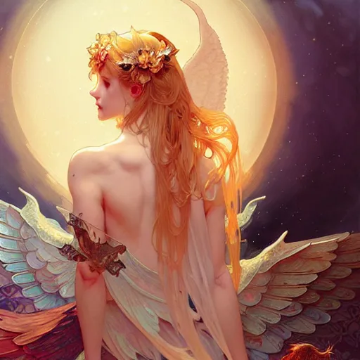 Image similar to An angelic girl with blonde hair, glowing halo, huge highly detailed wings, surrounded by foxes, fantasy, intricate, elegant, highly detailed, digital painting, artstation, concept art, smooth, sharp focus, illustration, art by Krenz Cushart and Artem Demura and alphonse mucha