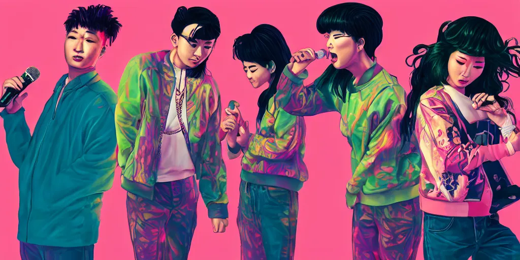 Image similar to Asian women and Hispanic men rapping with microphone in living room, epic poses, distinct figures, digital art, vaporwave, psychedelic, surreal, hip hop, trending on Artstation, professional artist, detailed, 4k