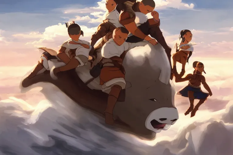 Prompt: Ultra realistic illustration, Sokka, aang, katara sitting on the back of appa from avatar the last airbender, in the clouds, above them are northern lights, highly detailed, digital painting, artstation, concept art, smooth, illustration, art by noah bradley, frazetta, sukeart, craig mullins