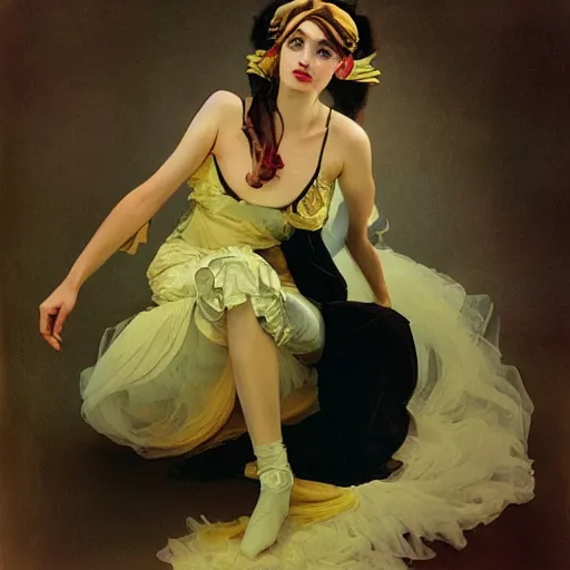 Image similar to elegant woman dressed up as pikachu, art photo by Annie Liebovitz and Alphonse Mucha