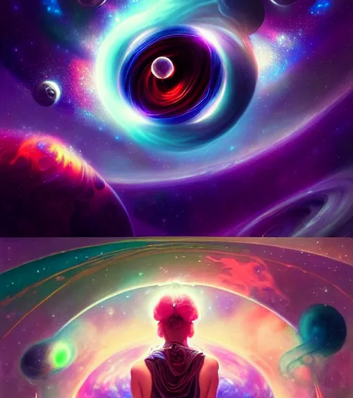 Image similar to cosmic travelers, planets and stars, psychedelic blackhole swirled imagery by artgerm, cushart krenz, greg rutkowski, mucha. space art. lucien rudaux, cosmos, vivid colors, sharp edges. ultra clear detailed. 8 k. elegant, intricate, octane render