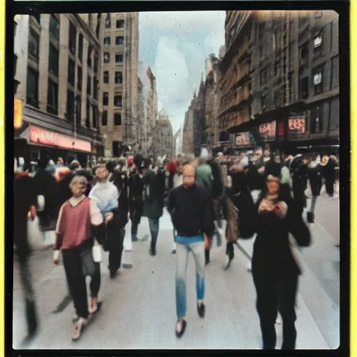 Image similar to wide - shot very low - angle, ant's eye view, messy photo of walking people in the busy street, crossing road, polaroid photo, by andy warhol