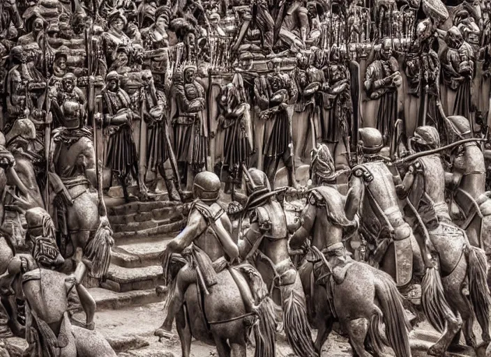 Image similar to a high detail photograph of alexander the great parading with his army through machu pichu, award winning photograph