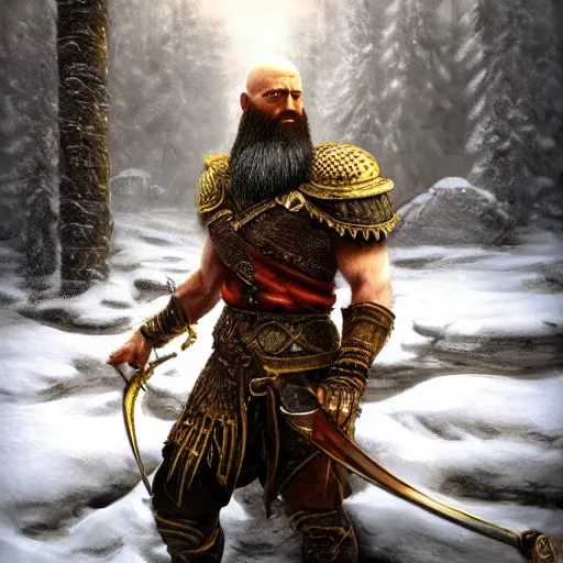 Image similar to oil painting highly detailed concept art golden cyborg kratos beard viking in snow walking 8 k, unreal engine 5