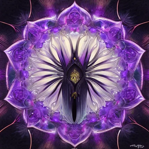 Image similar to a beautiful and detailed illustration of a black lotus with fractal fibonaucci sequence of glowing purple petals, in the style of magic the gathering, highly detailed, digital painting, god rays, volumetric lighting, octane render, 4 k resolution, art by artgerm and greg rutkowski and alphonse mucha, masterpiece, in a luminist baroque style