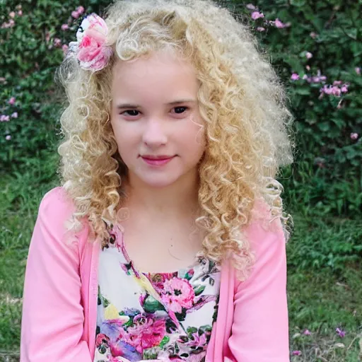 Image similar to young white girl, pink flowery dress, blond curly hair, causing mahem