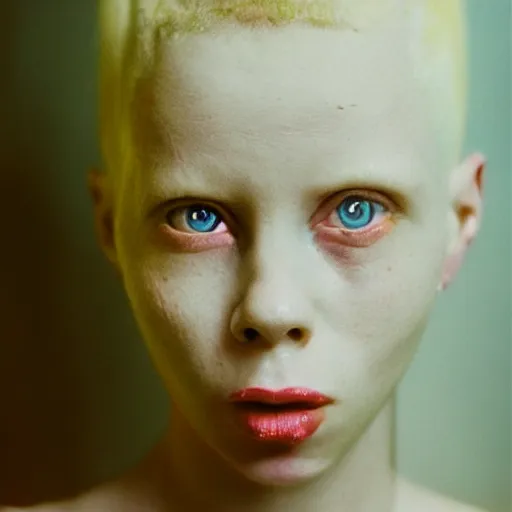 Prompt: realistic expired kodak film portrait of female african albino yolandi visser mix, hyperrealism, hypermaximalism, photorealistic, detailed, atmospheric, 8 k, award winning photography, cinematic