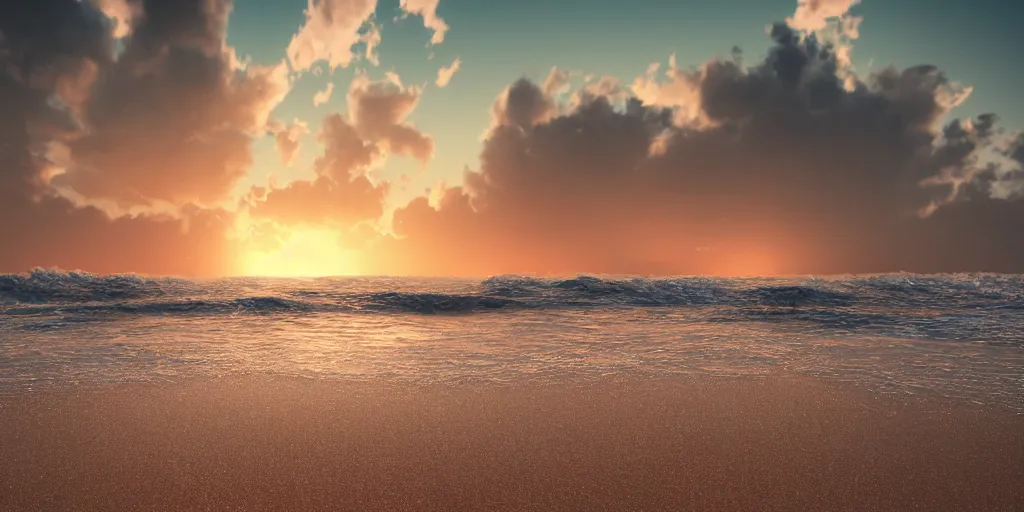 Image similar to a photo of a beach at sunset, turbulent sea, high coherence, highly detailed, high quality, 8K, path tracing, breathtaking landscape, cinematic lighting, concept art, octane render, unreal engine 5, trending on Artstation, soft light, godrays, complementary colors, natural lighting, sand