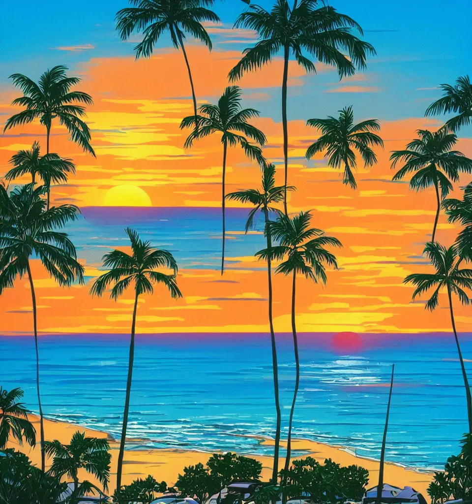 Image similar to gorgeous romantic sunset, cliffside onlooking the beautiful city of surfers paradise in queensland, warm colors, tropical, in the style of hiroshi nagai, very detailed, tropical, 8 0 s