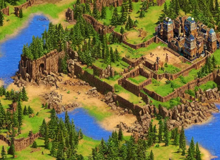 Image similar to isometric map of age of empires video game, procedural, top down, AOE2 , civilization, river, forest, cave, mountain, 3d map, woods, hills, buildings, snow, , digital art,realistic,detailed,art by greg rutkowski