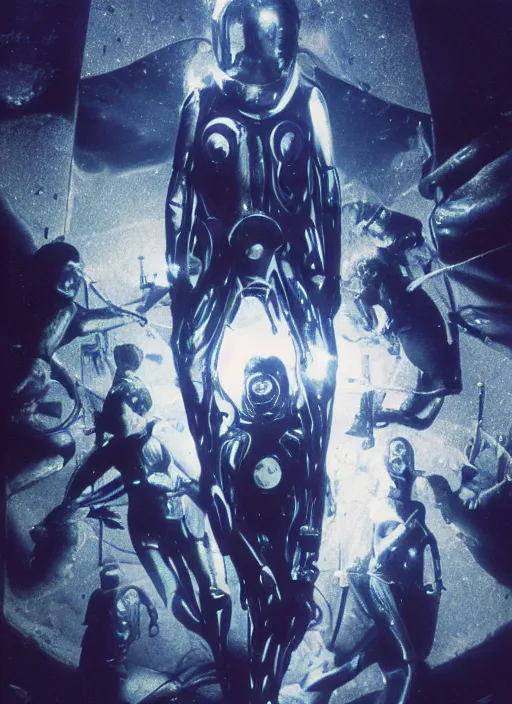 Image similar to astronauts divers in dark void underwater - complex and hyperdetailed technical suit design. reflection and dispersion materials. rays and dispersion of light. volumetric light. f / 3 2. noise film photo. flash photography. ultra realistic, 5 0 mm. poster by wayne barlowe, hajime sorayama aaron horkey, craig mullins