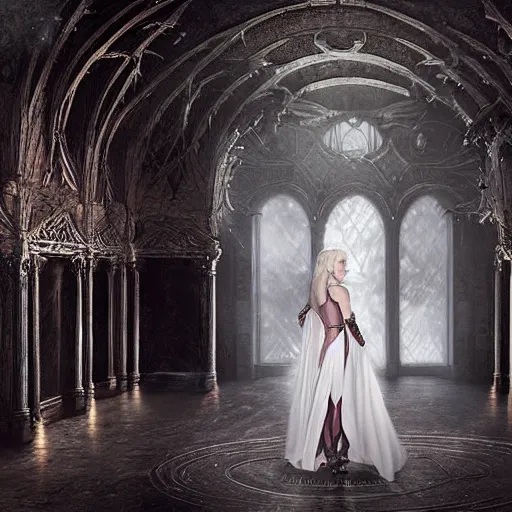 Prompt: digital matte painting of daenerys targaryen dancing alone in a dark gothic style ballroom, detailed face dark dramatic mysterious style of luis royo, 8 0 mm camera, high detail, hd 8 k