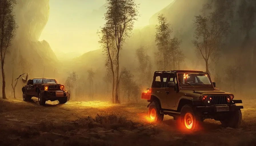 Prompt: Mahindra thar, tribe members watching nearby, an epic fantasy, dramatic lighting, cinematic, establishing shot, extremely high detail, photorealistic, cinematic lighting, artstation, by simon stalenhag, shadow of the tomb rider