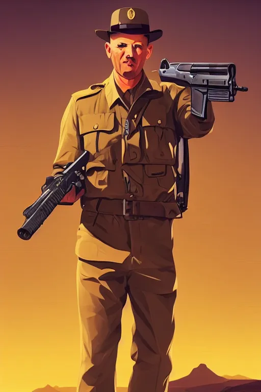 Image similar to funny drunk soldier with revolver in his hand in the desert, smooth face, centered median photoshop filter cutout vector behance hd by artgerm, jesper ejsing, by rhads, makoto shinkai and lois van baarle, ilya kuvshinov, rossdraws, illustration, art by ilya kuvshinov and gustav klimt