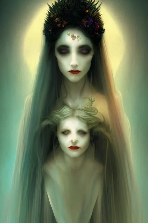 Image similar to portrait of a vampire , dark fantasy, gradient white cyan, dreamy and ethereal, orange eyes, ghost, golden ratio, peaceful expression, ornate frilly dress, fantasy, intricate, elegant, rainbow spikes, highly detailed, digital painting, artstation, concept art, smooth,b sharp focus, illustration, art by artgerm and greg rutkowski and alphonse mucha