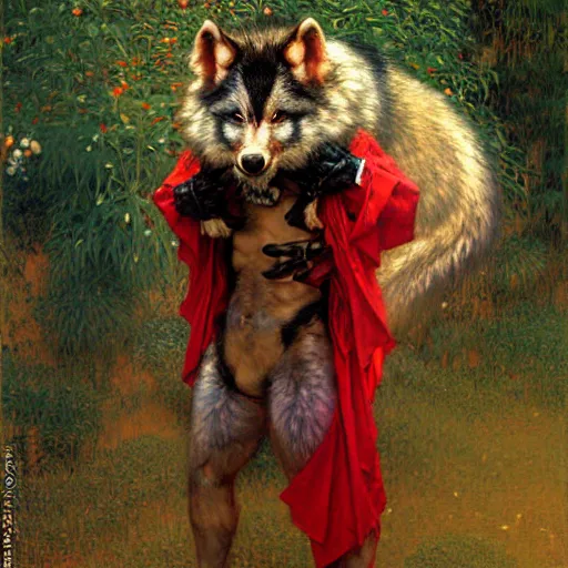 Prompt: a male ninja ratwolfman rat wolf man in a red kimono furry arms furry body. furaffinity furry art detailed face painting by gaston bussiere craig mullins jc leyendecker gustav klimt artgerm greg rutkowski furry