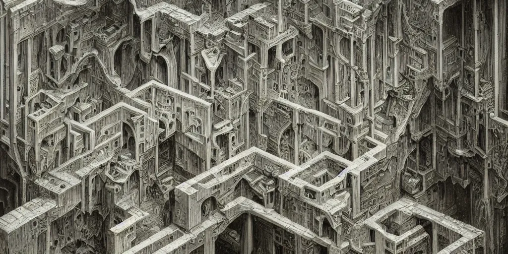 Image similar to isometric perspective, labyrinthine dilapidated prison architecture by mc escher, piranesi and mandelbrot, ricardo bofill. utopian landscape by roger dean. magical realism, zdzisław beksinski, giger biomechanical horror, surrealism, waterfalls, trending on artstation, shot from below,