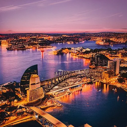 Prompt: “a drone shot of Sydney dappled in sunset. Duo tone orange and blue photography, 35mm”