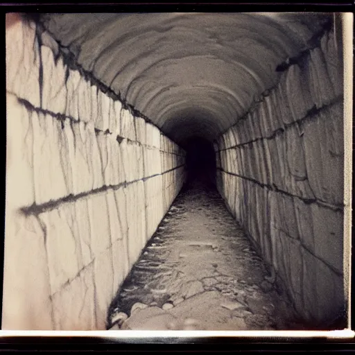 Image similar to a dark and narrow glacier tunnel, dark, creepy, eerie, unsettling, terrifying, old polaroid, expired film, deep,