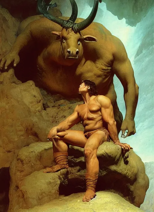 Image similar to full body portrait of a huge, miserable minotaur sitting in a dark cave, by boris vallejo and lawrence alma-tadema and simon bisley and greg manchess and zdzislaw beksinski and norman rockwell